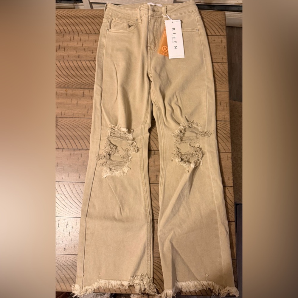 Risen Women's Beige Distressed Straight Leg Jeans